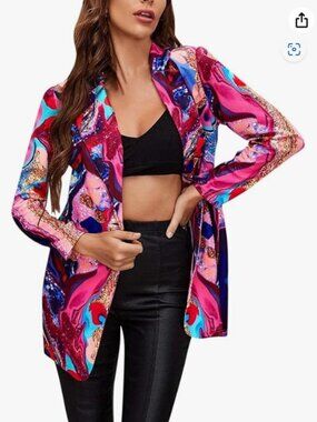 FLYCHEN Women Open Front Blazer Colorful Print Long Sleeve Newspaper Print V Nec